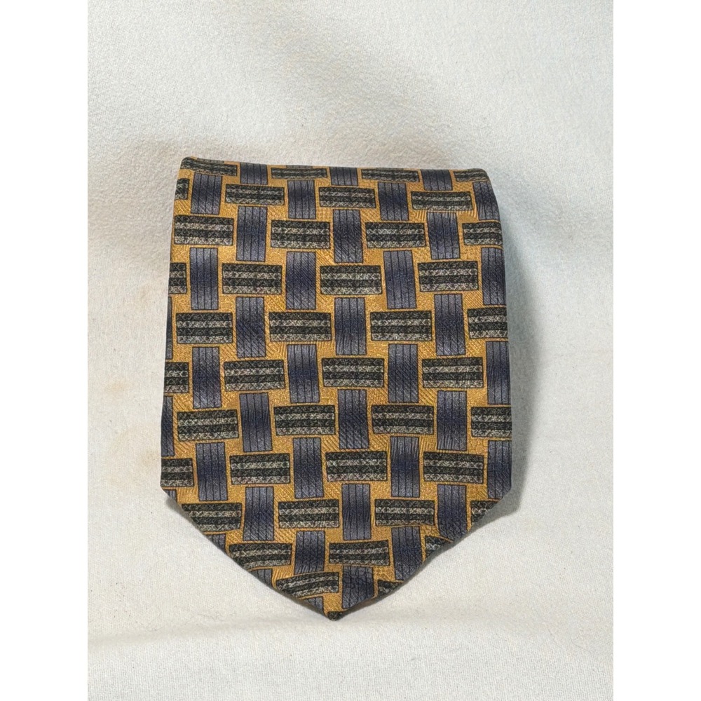 Kenneth Cole New York Mens Silk Tie Gold Grey Blue Geometric Basketweave USA